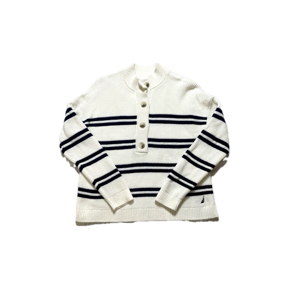 Nautica Striped Half Cardigan Henley Womens Sweater